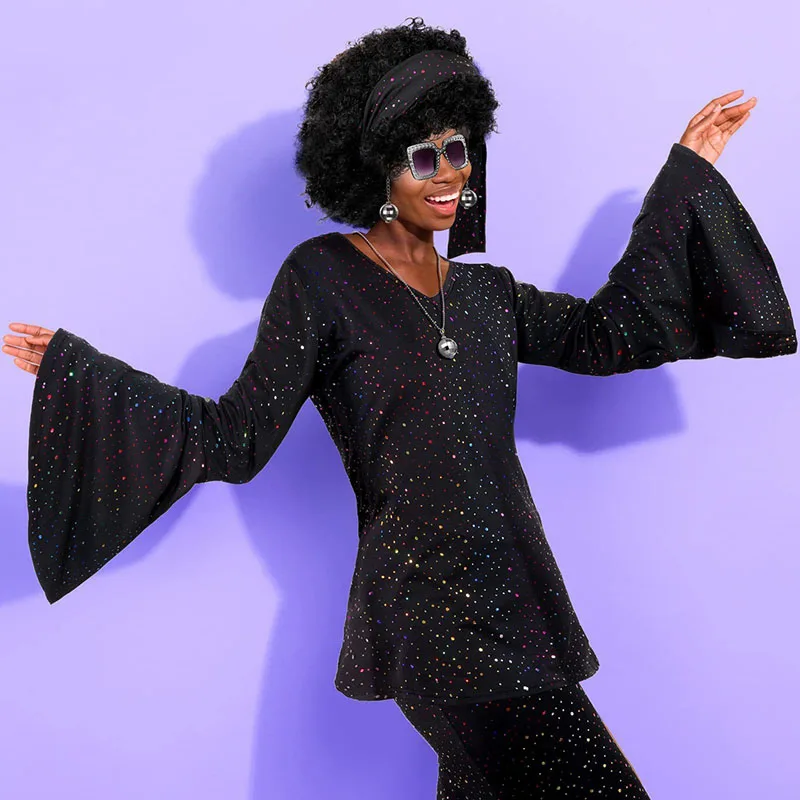 2026 New Women Halloween Disco Party 70s Women's Disco Costume Set Top Pants Sunglasses Necklace Earrings Wig Cosplay Dress Up view 5