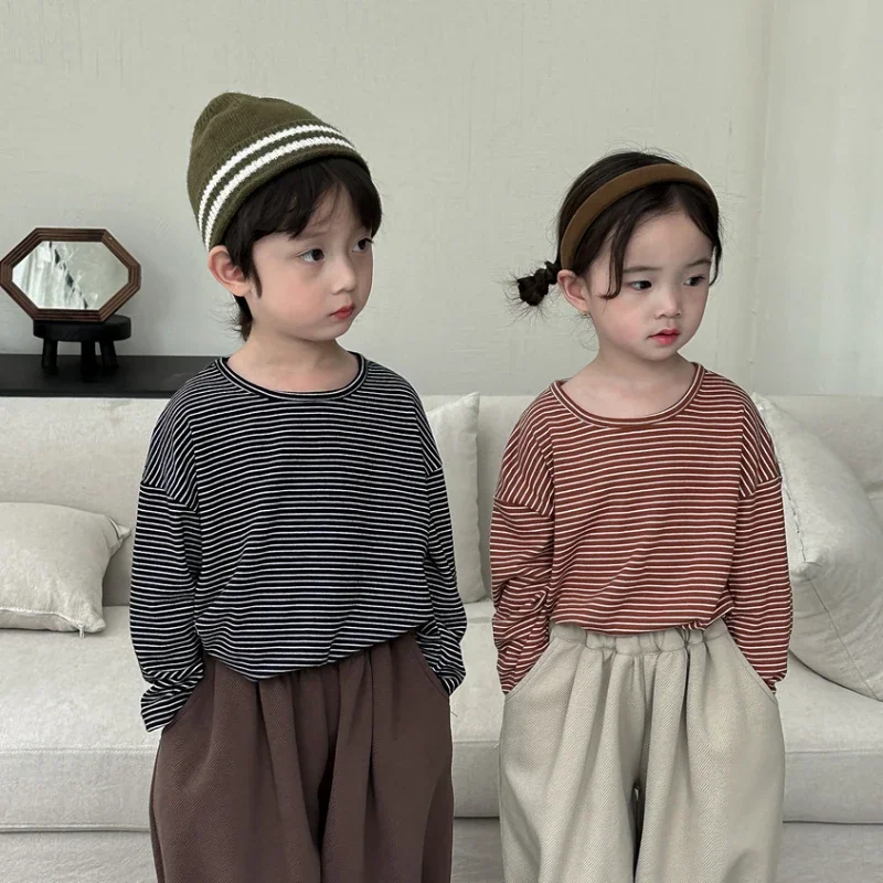 

2024 Autumn New Kids T-shirt Fashion Striped Girls Tees Long Sleeve Cotton Boys Tops Korean Casual Children's Clothes for 1-8Y