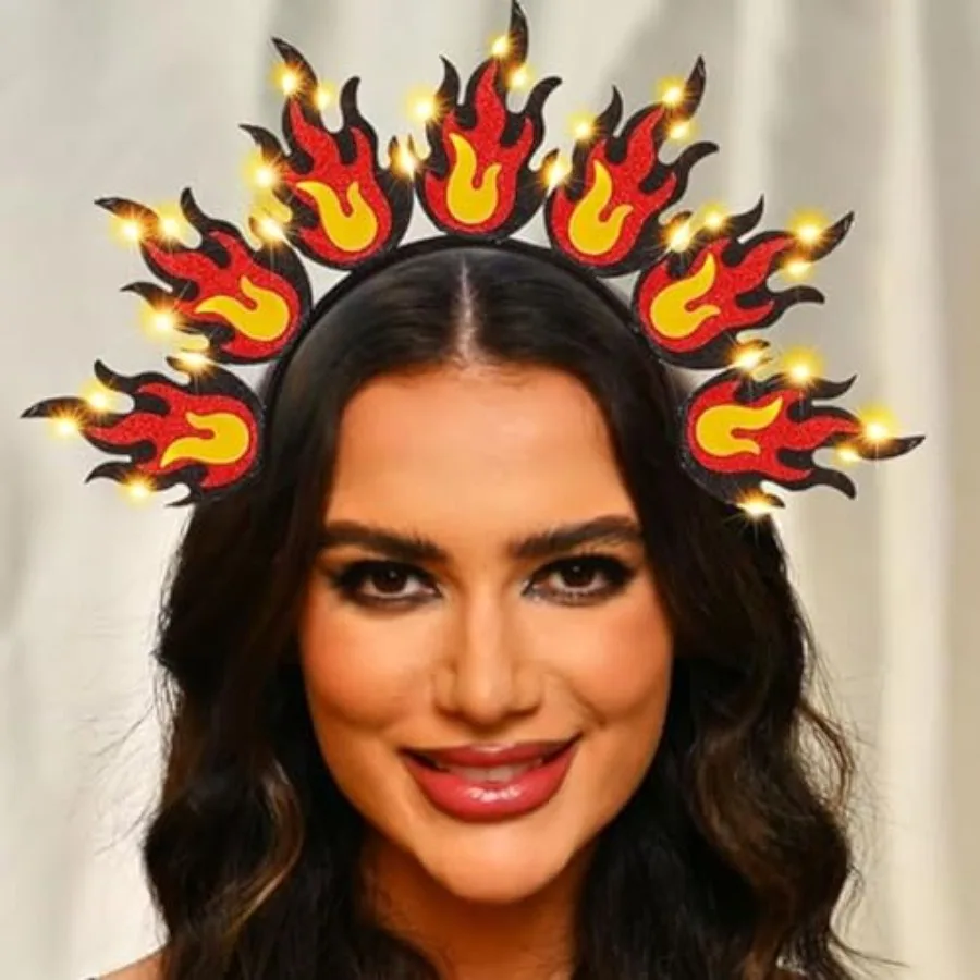 Diadema con luz de fuego LED, tocado de llama roja, disfraz de Festival de Halloween, accesorios para el cabello para mujer, perfecto para Costu
