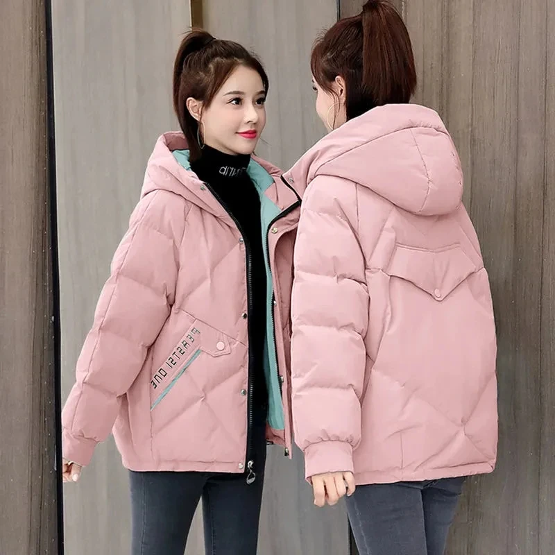 2024 neue Winter Frauen Parka Stehkragen Mit Kapuze Jacke Lose Warme Verdicken Oberbekleidung Unten Baumwolle Casual Jacke Weibliche Grundlegende mantel