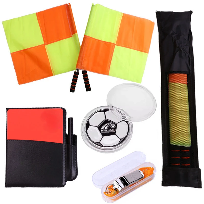 Soccer Referee Flag Coin Cards Whistle Set Professional Football Referee Flag Kit Sport Training Match Set Outdoor Survival Tool