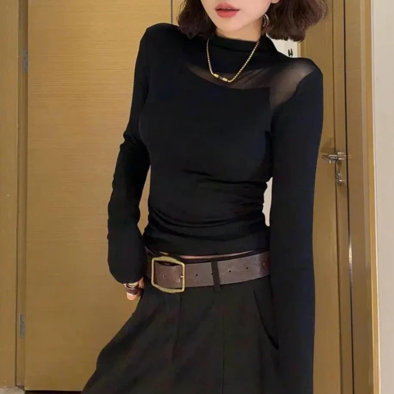 Spring Autumn New Long Sleeve Hollow Out Slim Sexy Tops Tees Simplicity Solid Elegant T Shirts Fashion Temperament Women Clothes