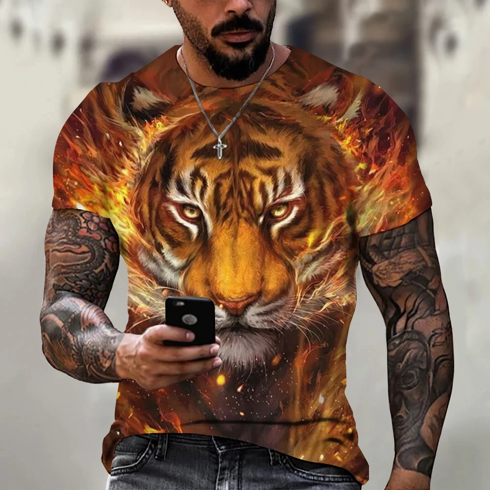 Tiger Fighting Animal Beast Fierce Lion/leopard Print 3D T-shirt Men's Short Sleeve Tops Oversized Tees Shirt Men Design Clothes