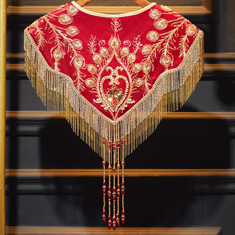 Women's Spring Autumn Vintage Luxury Beaded Embrodiery Red Tassel Pashmina Female Winter Shawl Cloak Collar R393