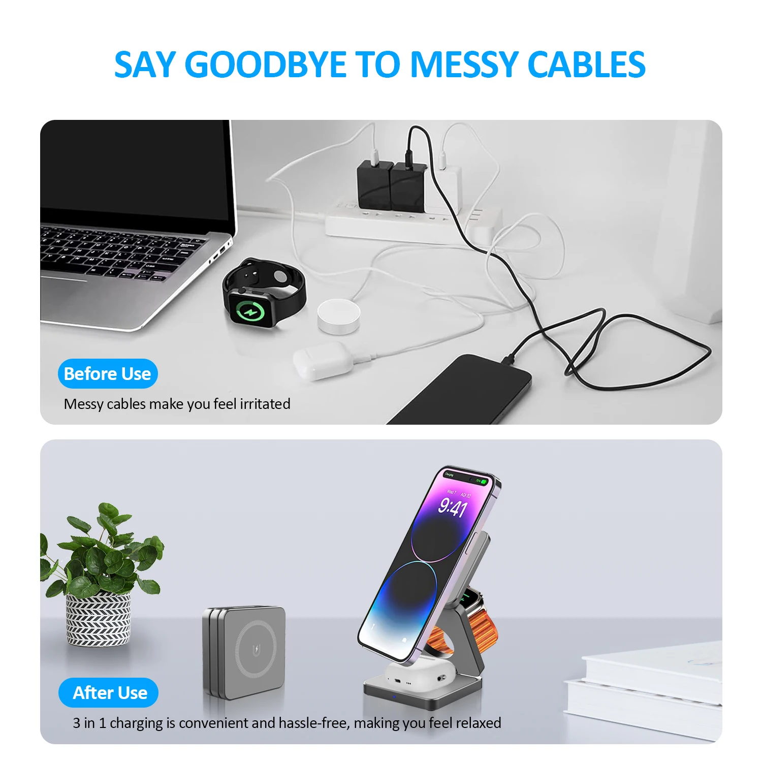 3 In 1 Foldable Magnetic Wireless Charger Stand For iPhone 16 15 14 13 Pro/Max/Plus AirPods 3/2 Station Dock Fast Charger Holder