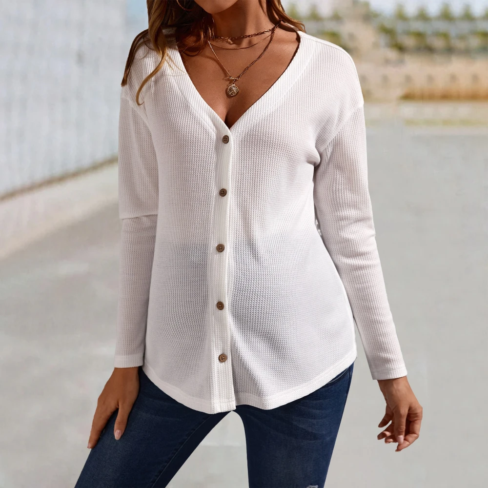 

Maternity Tops New Maternity White V Neck Long Sleeve Button Up Open Front T Shirt with Side Slit Breastfeeding Clothing T-shirt