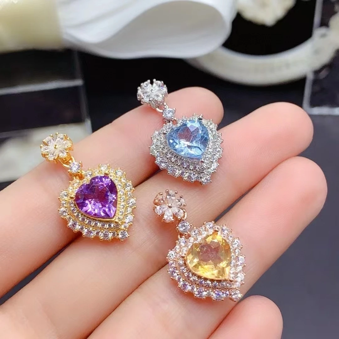 Fine Jewelry 925 Natural Heart shaped Gemstone Women's Pendant Citrine London Blue Topaz Purple Crystal AvailableThree Color