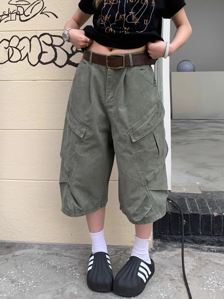 

Women's Military Green Retro Interface Bag Cropped Jeans American Trendy Cool 2025 Summer Loose College Style Straight Pants