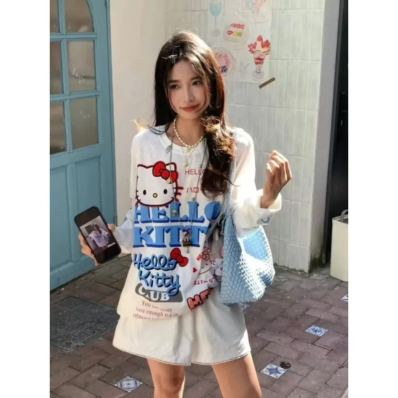 

Новая женская футболка с длинными рукавами и 3D принтом Hello Kitty, свободный быстросохнущий топ в осеннем ленивом стиле