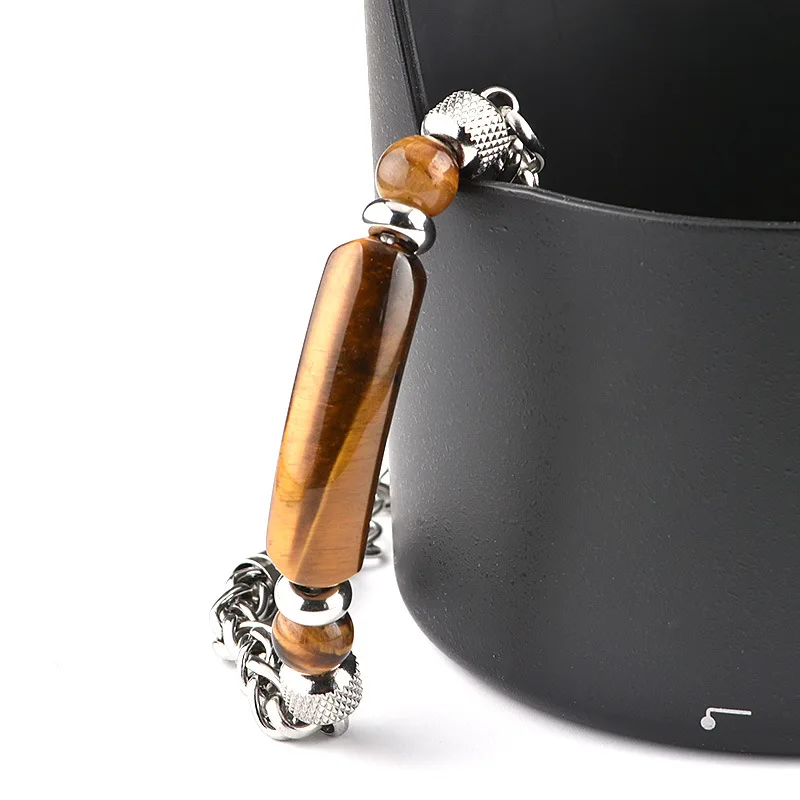 3 Colors Stainless Steel Cuban Chain Bracelet Men Adjustable Unfading Tiger Eyes Obsidian Stone Braslet Cool Riding Accessories