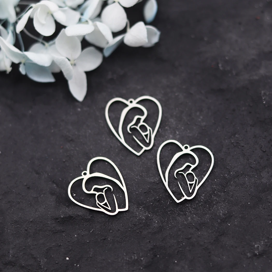 3pcs Heart Love Charm For Mom and Baby Stainless Steel Mother's Day Gift Pendant DIY Bracelet Necklace Jewelry Making