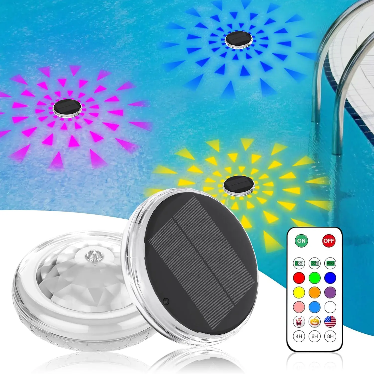 Pool Lights,Solar Rechargeable Floating,Pool Lights That Float with Remote Control, Modes 9 Lighting Timing Mode IP67 Waterproof