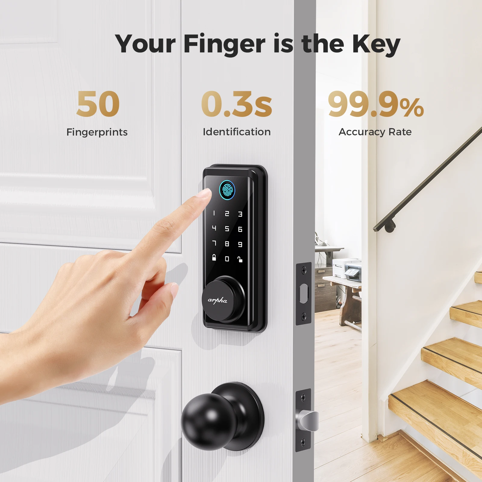 Arpha Smart Lock D601K Keyless Entry Door Lock Deadbolt with Handle Set Waterproof 5-in-1 Fingerprint Keyless Entry Door Lock