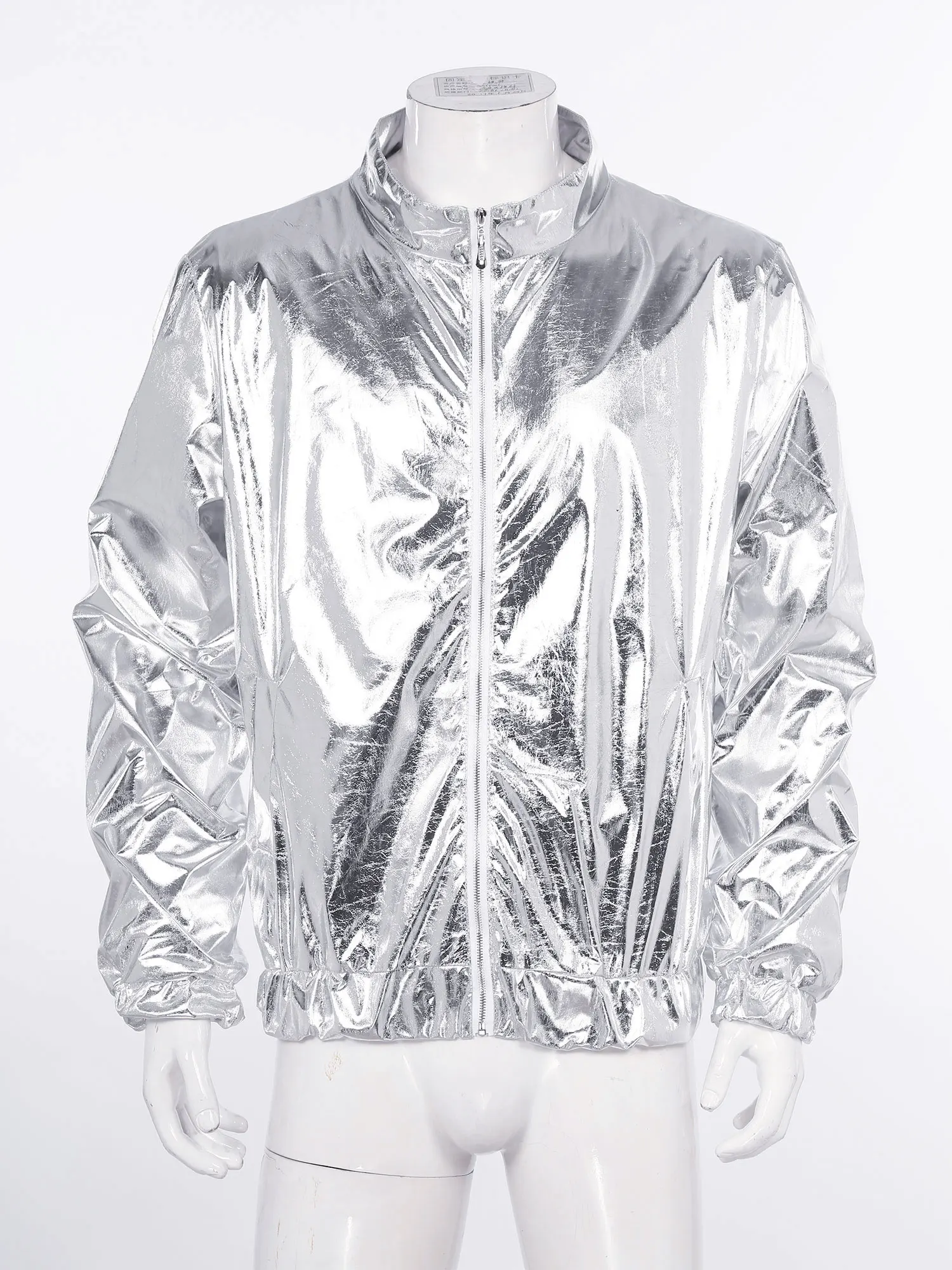 Shiny Men Metallic Long Sleeve Jacket Stage Performance Disco Dance Zipper Sweatshirt Outwear for Music Festival Club Party Wear