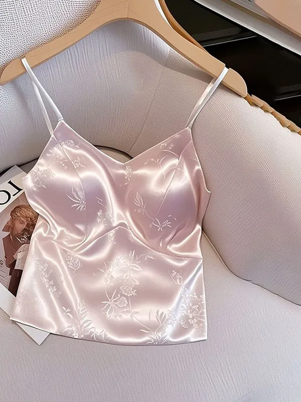 New Chinese Style Acetate Satin Strap Vest Women Summer with Chest Pad Beautiful Back Bra Integrated Suit Inner Wear Base Top