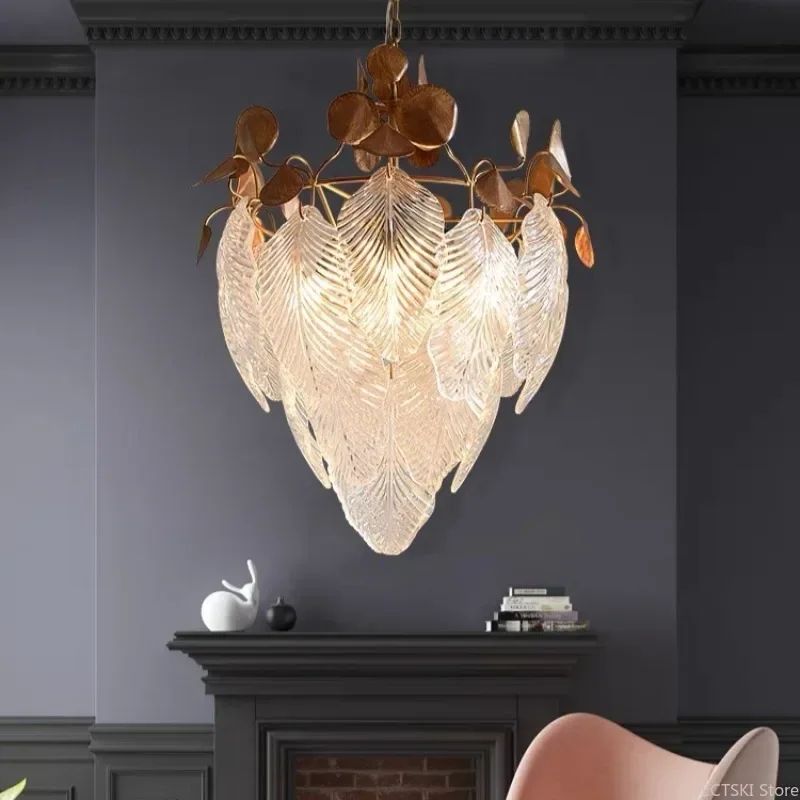 

GHEUVNJ American modern pendant light luxury living room dining room Nordic French personalized bedroom creative glass leaf pen
