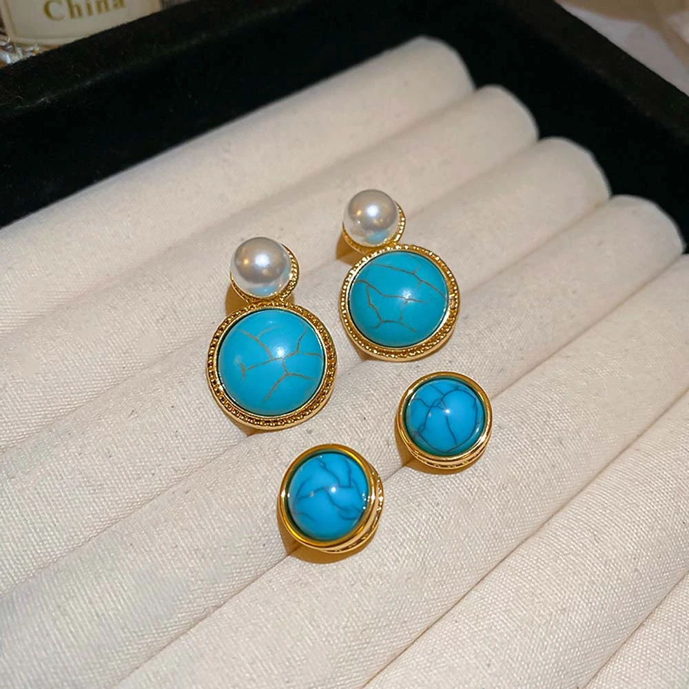 Round Pearl Turquoise Western Country Earrings Jewelry accessories Streetwear Pearl Turquoise Earrings Exquisite