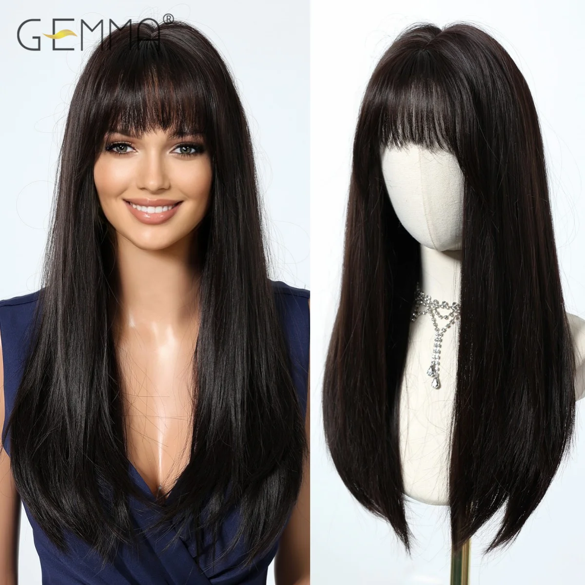 Long Straight Dark Brown Synthetic Wig with Bangs Black Brown Daily Use Wigs for Women Cosplay Party Fake Hair Heat Resistant