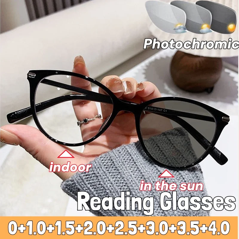 

New Vintage Cat Eye Photochromic Reading Glasses Outdoor Color Changing Far Sight Eyeglasses Women Men Anti Blue Light Eyewear