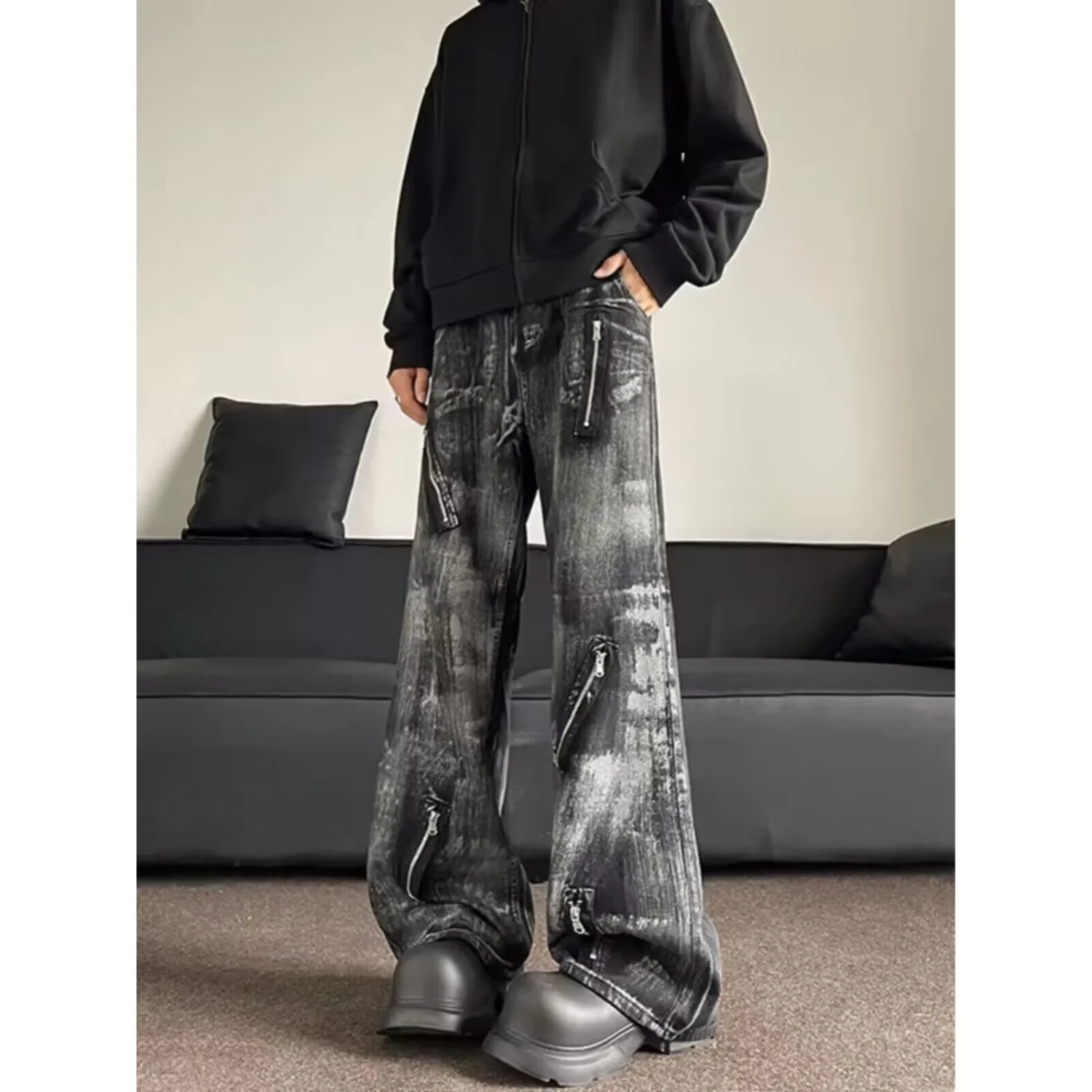 جينز رجالي صيفي للتخسيس مستقيم الساق وسحاب تصميم التعادل صبغ الدينيم مقاس كبير 250 Pou American Sle خمر البوليستر #5