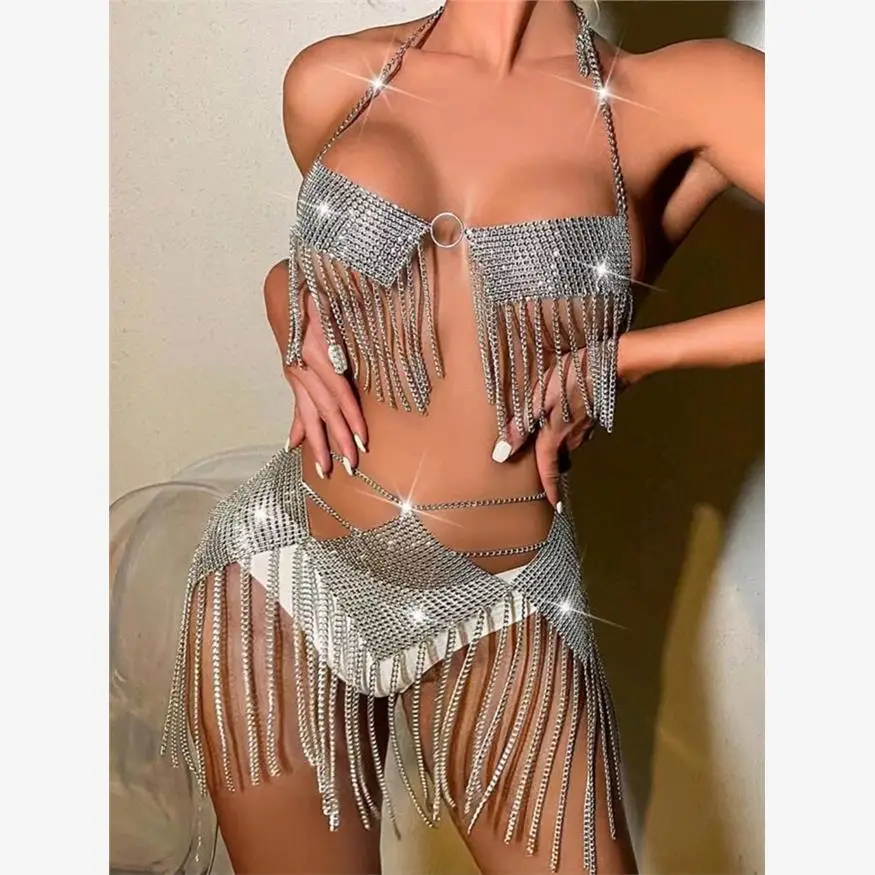 Spicy Girl Style Women's Fashion Set with Tassel Trim Short  Vest And Skirt for Dance Performance Sequin Belly Bearing