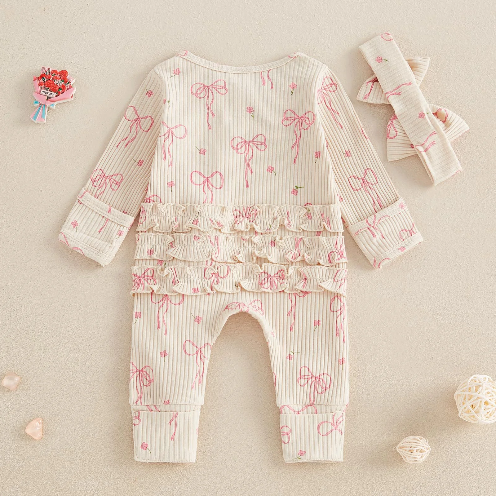 Spring Autumn Butterfly Knot Print Long Sleeve Onesie for Baby Girls with Headband Sweet And Cute Infant Romper