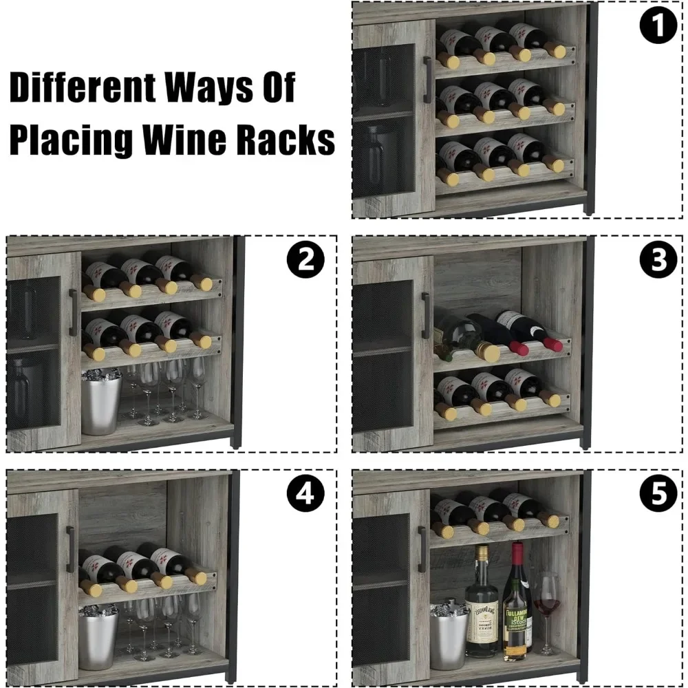 Bar cabinet with removable wine rack and 1 drawer, bar cabinet with glass shelves and mesh doors for storing alcohol and glasses