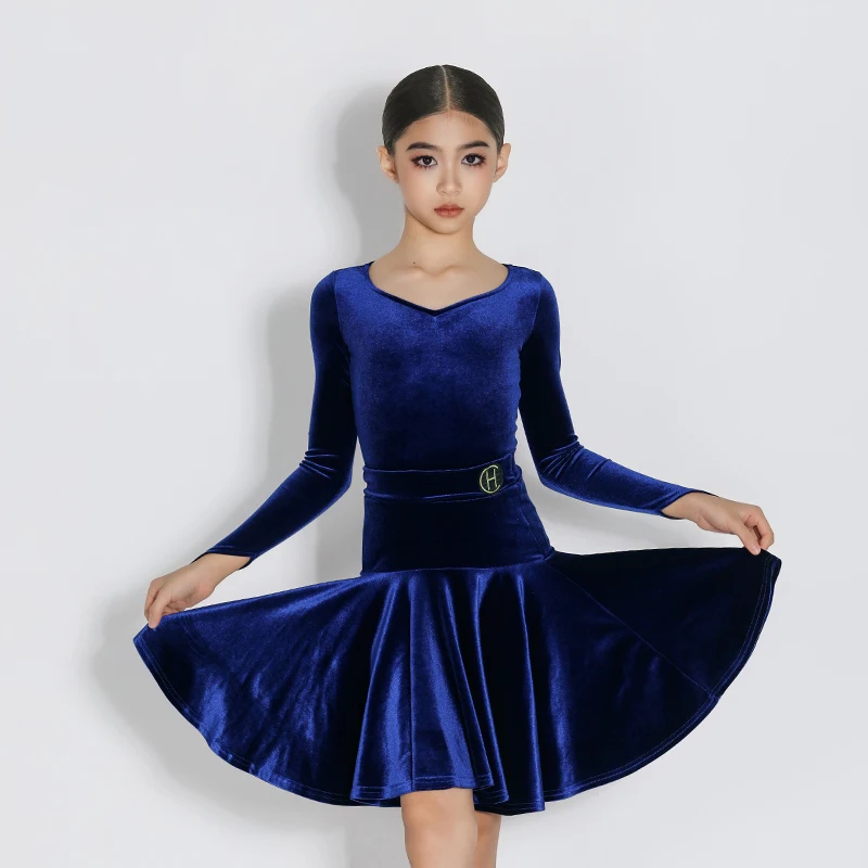 

2025 New Latin Dance Performance Costumes For Girls Blue Velvet Tops Split Skirts Practice Suit Chacha Rumba Latin Wear DQS19295