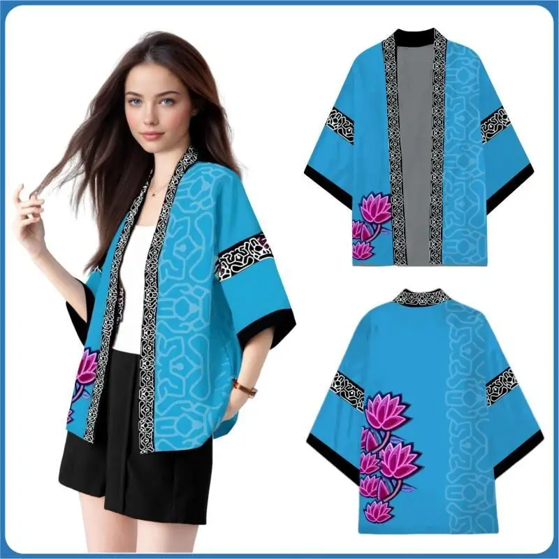 Disfraz de K-Pop Zoey Demon Hunters para mujer, disfraz de Halloween con patrón de flores moradas, Kimono japonés azul, cárdigan de juego de rol, abrigo