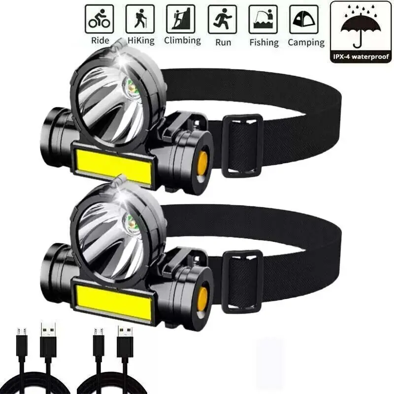 2-Pack COB Super Bright USB Rechargeable Headlamp - Waterproof LED Head Torch