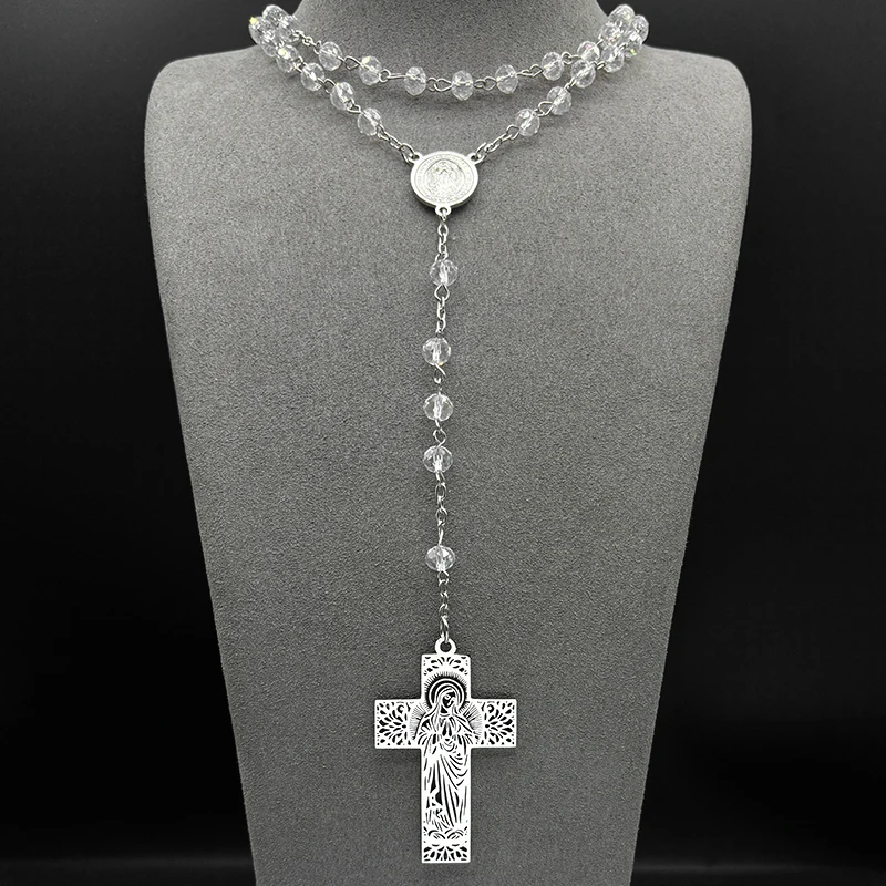 

Virgin Mary Cross Pendant Necklace For Men Women Stainless Steel Silver Color Christian Prayer Beads Rosary Long Chain Jewelry