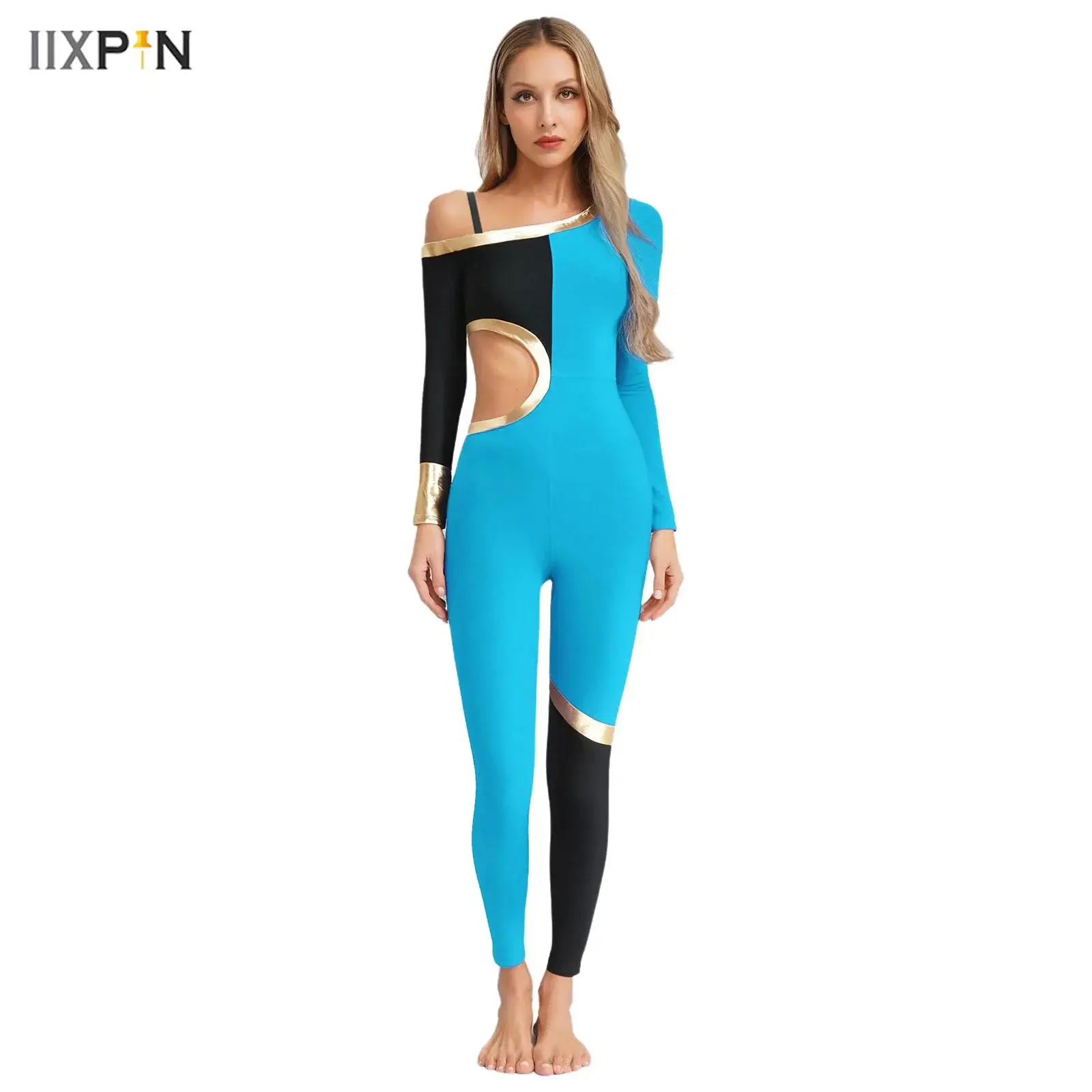 

Womens Gymnastics Dance Jumpsuit One Shoulder Adjustable Spaghetti Strap Long Sleeve Metallic Color Block Waist Cut Out Rompers