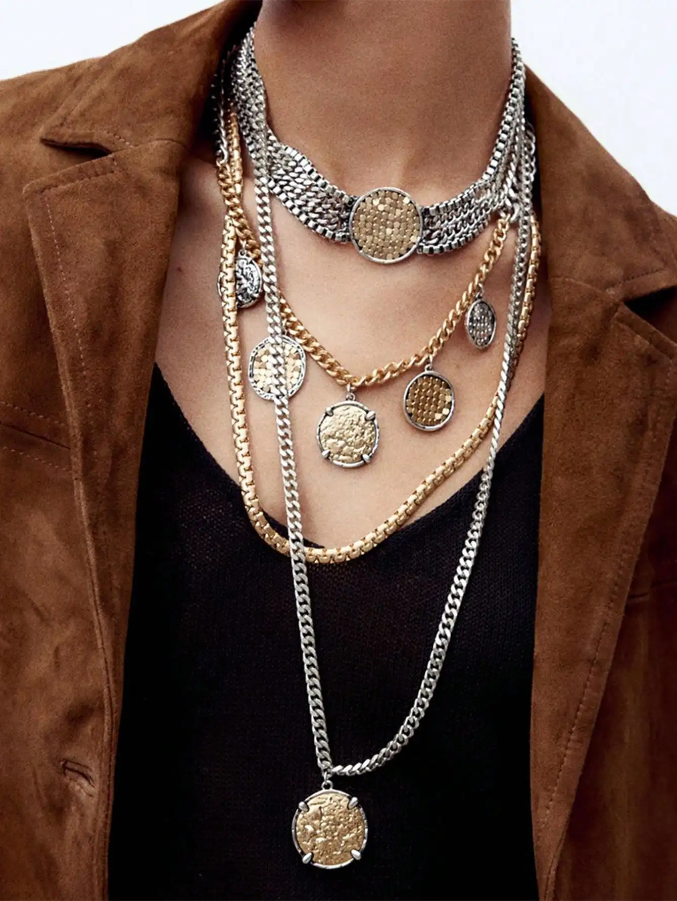 

Layered Chain Necklace Set with Textured Coin Pendants in Gold & Silver Tone