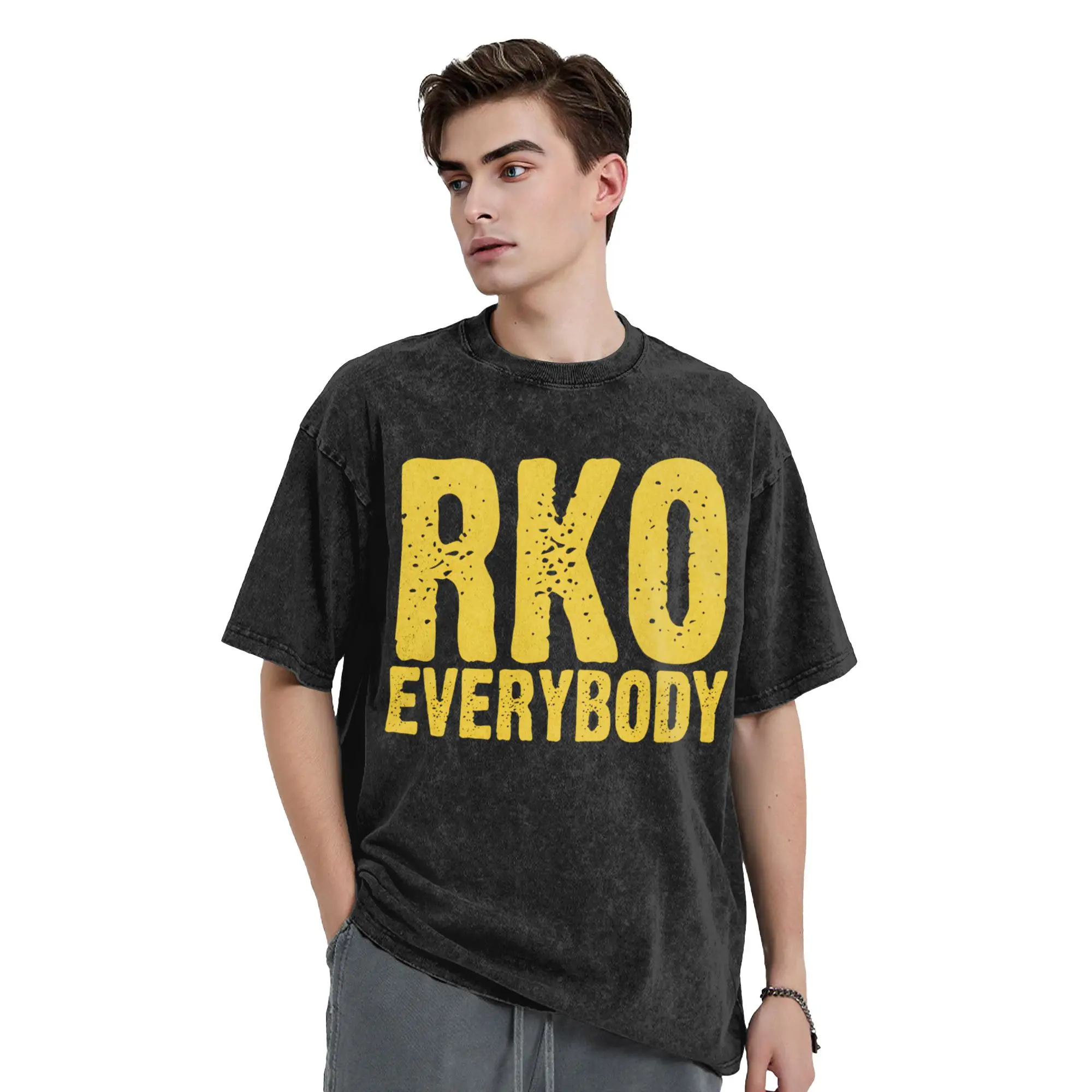 Men Women's Funny Meme RKO Everybody  Vintage Washed T Shirts Wrestling Pure Cotton Clothes Awesome Short Sleeve O Neck Tees