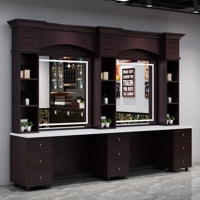 

Barber Shop Mirror Table Men's Retro Oil Head Salon Special Mirror Table Hair Salon Hair Cutting Mirror