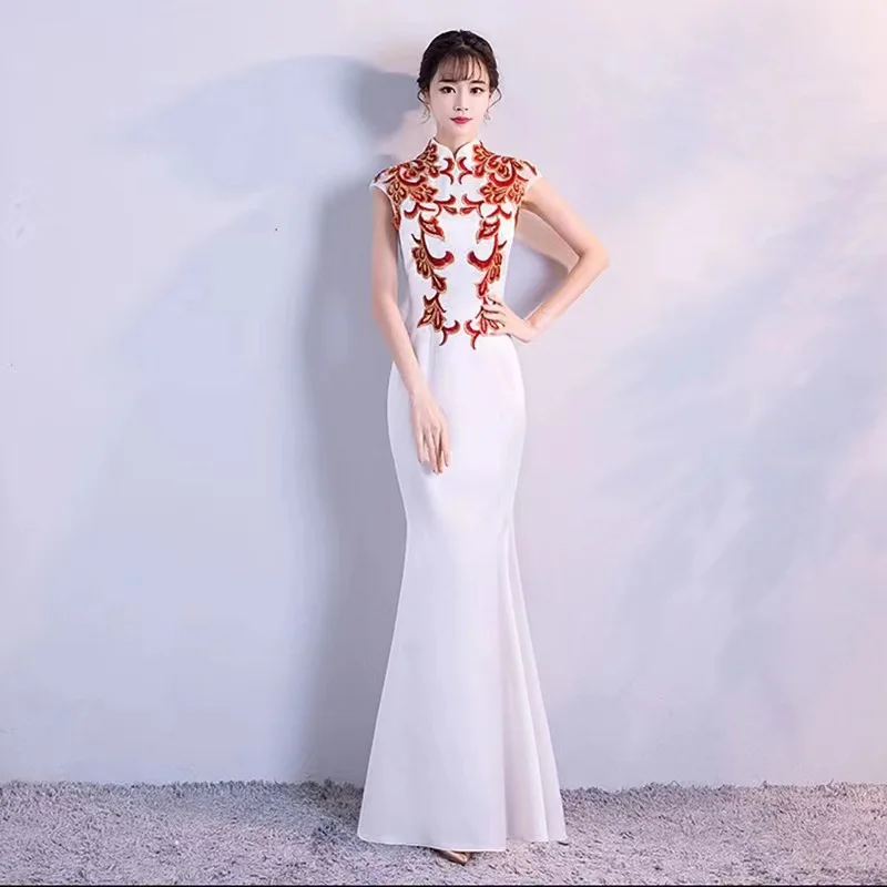 

Sexy Mermaid Evening Party Dress Banquet Dress Chinese Style Female Long Qipao Cheongsam Embroidery Applique Vestidos De Festa