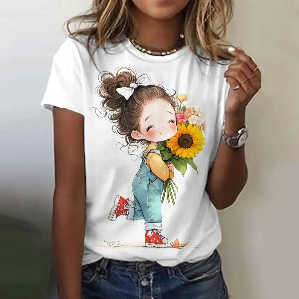 

Fashion Little Girl Printed Women's T-shirt Tops Summer Short Sleeved Pullover Street Round Neck T-shirt Women's Daily Clothing