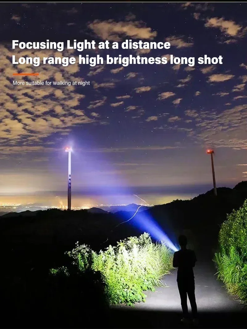 5000LM Ultra Bright Tactical Light Built-in Battery Powerful P70 LED Flashlights Emergency Spotlight Telescopic Zoom Flash Light