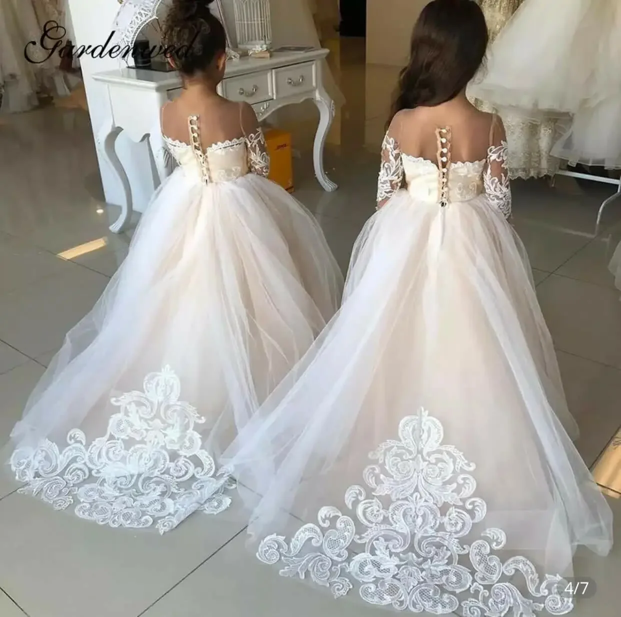 

Flower Girl Dress With Bow Lace Appliques Long Sleeve For Wedding Birthday Ball Gown First Holy Communion Evening Party Dresses