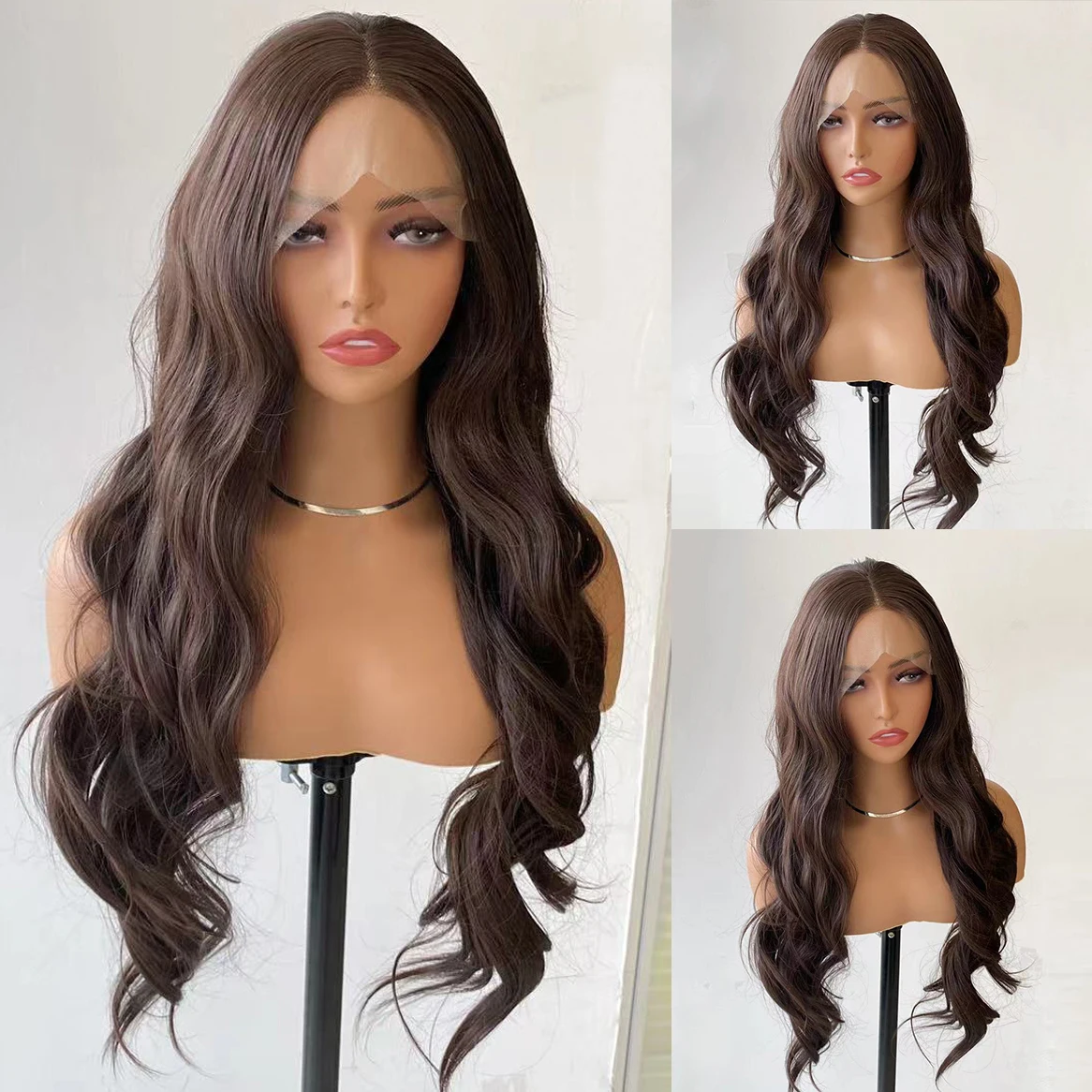 

AIMEYA Коричневый парик спереди, синтетический длинный парик с объемной волной, 13x4, средняя часть, естественная линия волос, парик для ежедневного использования, термостойкое волокно