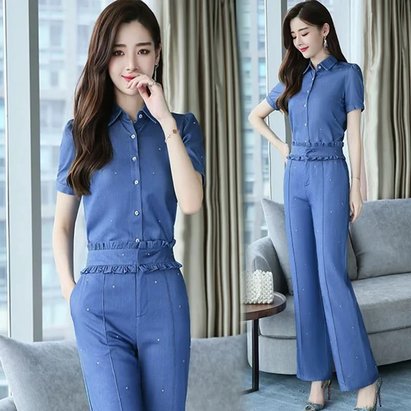 

Summer Casual Womens Short Sleeve Ruffles Denim Pants Set , Woman Clothes 2 Pieces Sets , Wide Leg Jeans Trousers for Women