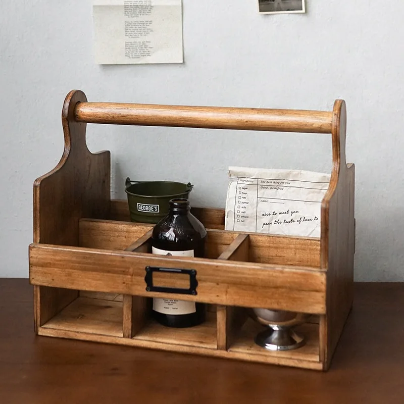 Home vintage solid wood carrying basket, compartments for miscellaneous items, living room tabletop, coffee cup, cup, and bevera