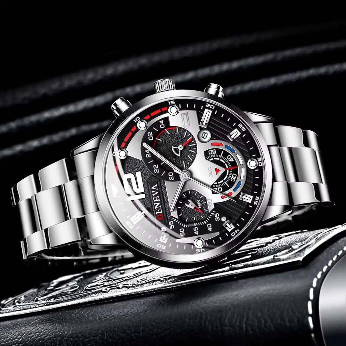 طقم سوار وقلادة ساعة كوارتز للرجال ، سوار فولاذية فضي ، ساعات عمل ، موضة ، بدون صندوق ، 3 * *