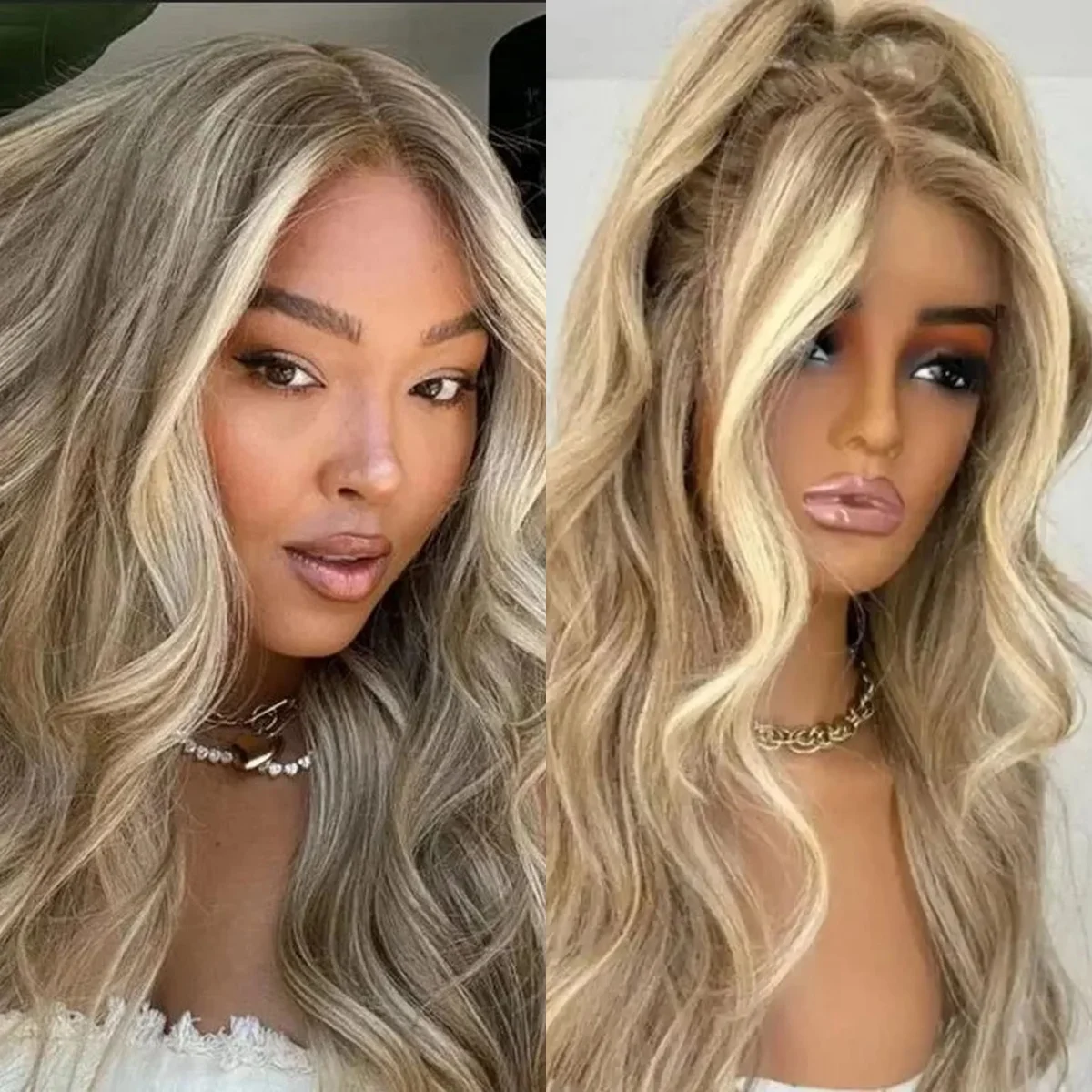 

Новый стиль, 22-дюймовый светло-русый объемный волнистый синтетический HD невидимый парик фронта шнурка для женщин, полосы, реалистичные парики для волос