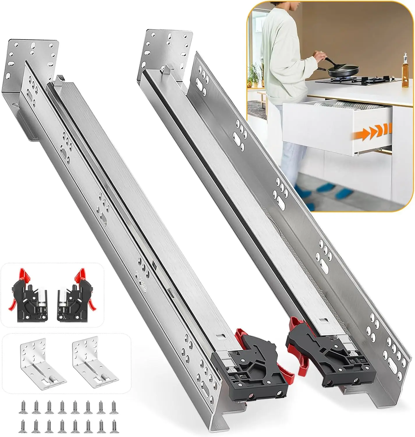 24 Inch Undermount Soft Close Drawer Slides Full Extension Concealed Bottom Mount Rails Locking Devices & Rear Mount Brackets 80LB Capacity Replacement Cabinet Hardware, 6 Pairs