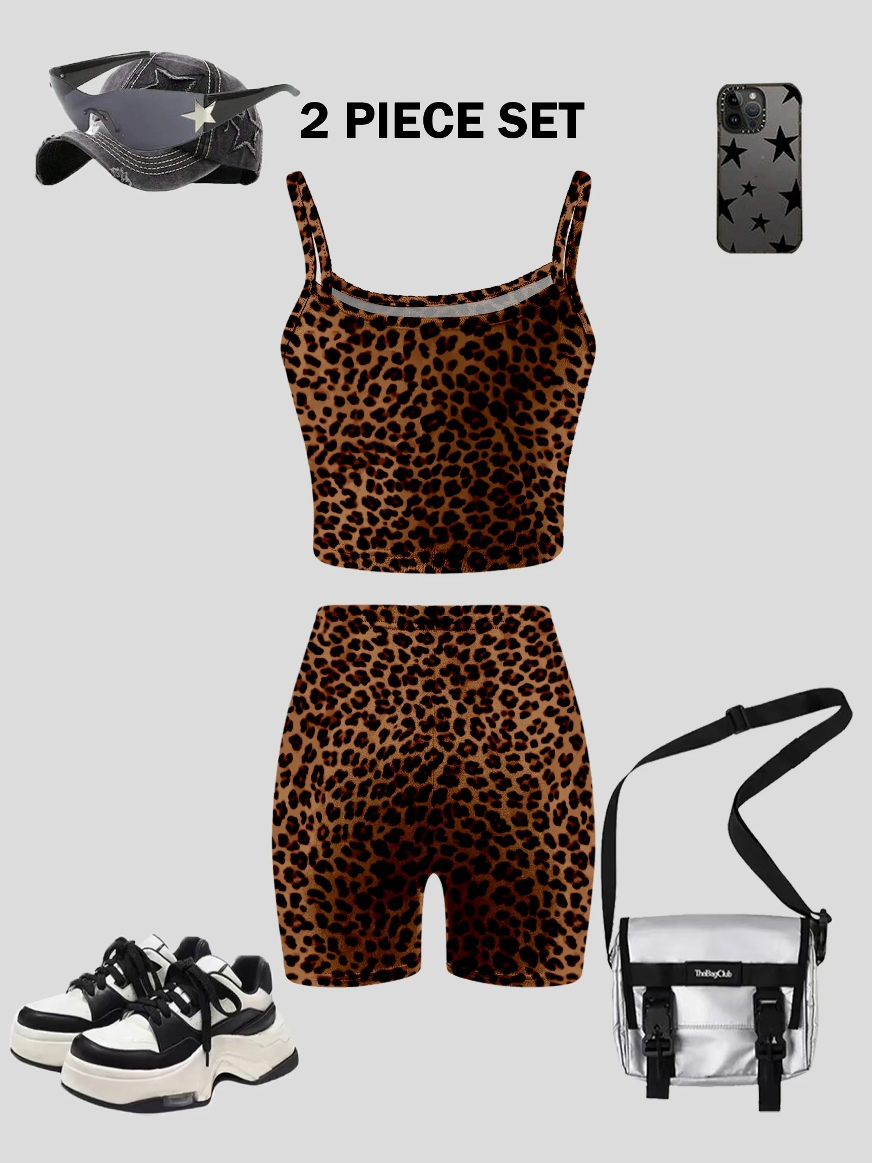 Girls Stretchy Two Piece Casual Set, Brown Leopard Print Letter Slim Camisole & Elastic Waist Sports Shorts for Gym Workout Mall