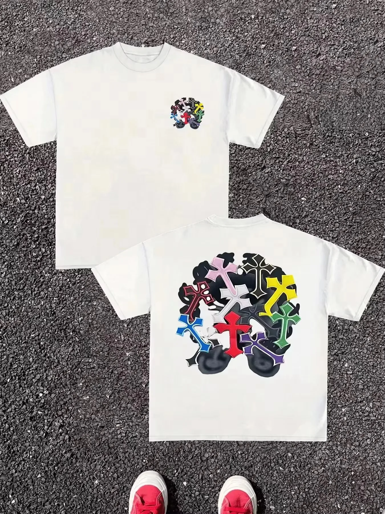 2026 new Double Sided Color Cross Print Men T-shirt Gothic Retro Cluster Pattern Oversized Cotton Casual Short Sleeve Tee