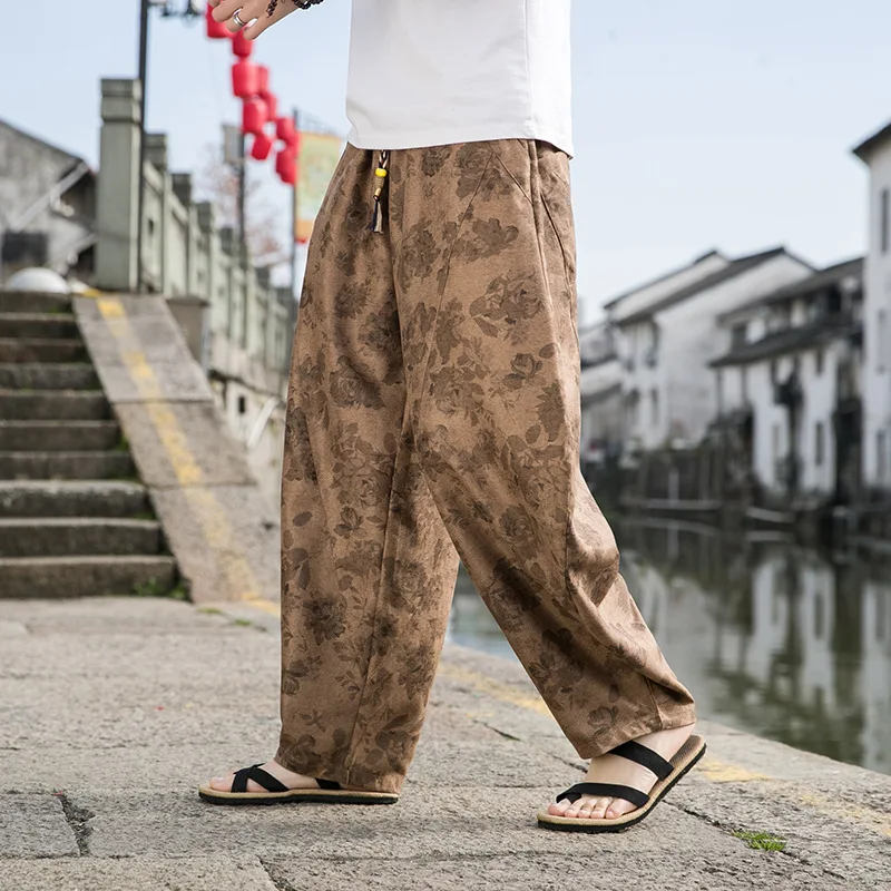 New Spring and Autumn Chinese Style Retro Spring Flower Large Halen Radish Pants for Men