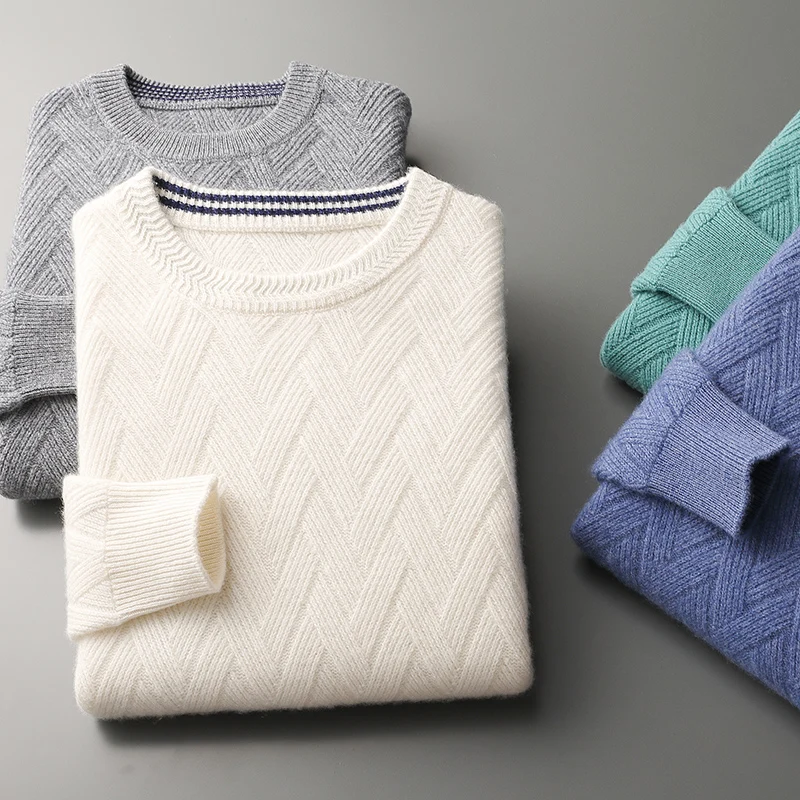 

Autumn/Winter Men's 100% Pure wool Pullover Business Casual Solid Knitted Sweater Loose Round Neck Tops Thick Warm Jumper
