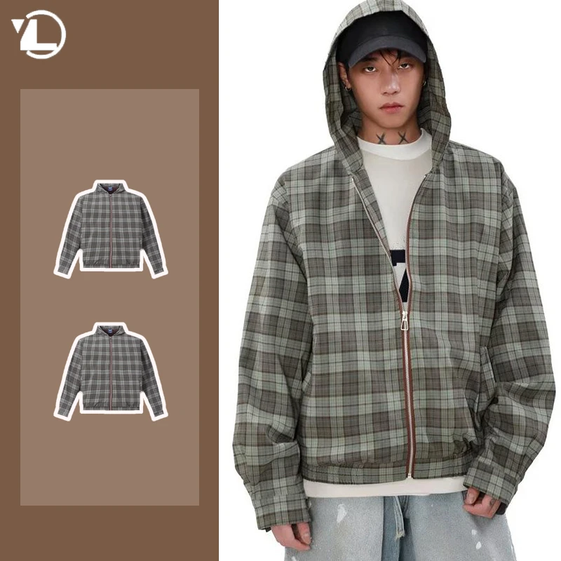 Plaid Hooded Cardigan Mens 2024 Spring Autumn New Japanese Outdoor Sunscreen Loose Shirt Jacket Grid Pattern Harajuku Male Coats